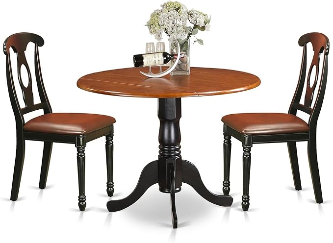 East West Furniture DLKE3-BCH-LC 3 Piece Modern Dining Table Set Contains a Round Wooden Table with Dropleaf and 2 Faux Leather Kitchen Dining Chairs, 42x42 Inch, Black & Cherry