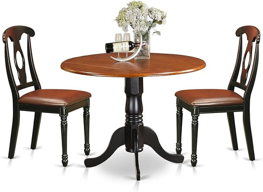 East West Furniture DLKE3-BCH-LC 3 Piece Modern Dining Table Set Contains a Round Wooden Table with Dropleaf and 2 Faux Leather Kitchen Dining Chairs, 42x42 Inch, Black & Cherry