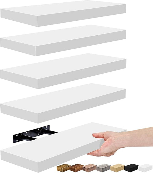 Sorbus Floating Shelves for Wall – 16 Inch Floating Shelf for Kitchen, Bedroom, Living Room, Bathroom, Home & Wall Decor - Mounted Bathroom Shelves with Invisible Brackets (White, 5 Pack)