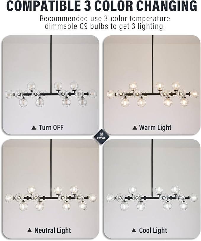 Glass Globe Sputnik Chandelier, 16-Light Mid Century Modern Light Fixture Over Table, Linear Chandeliers for Dining Room, Kitchen Island, Black and Clear Bubble, 40 Inch, GC-02