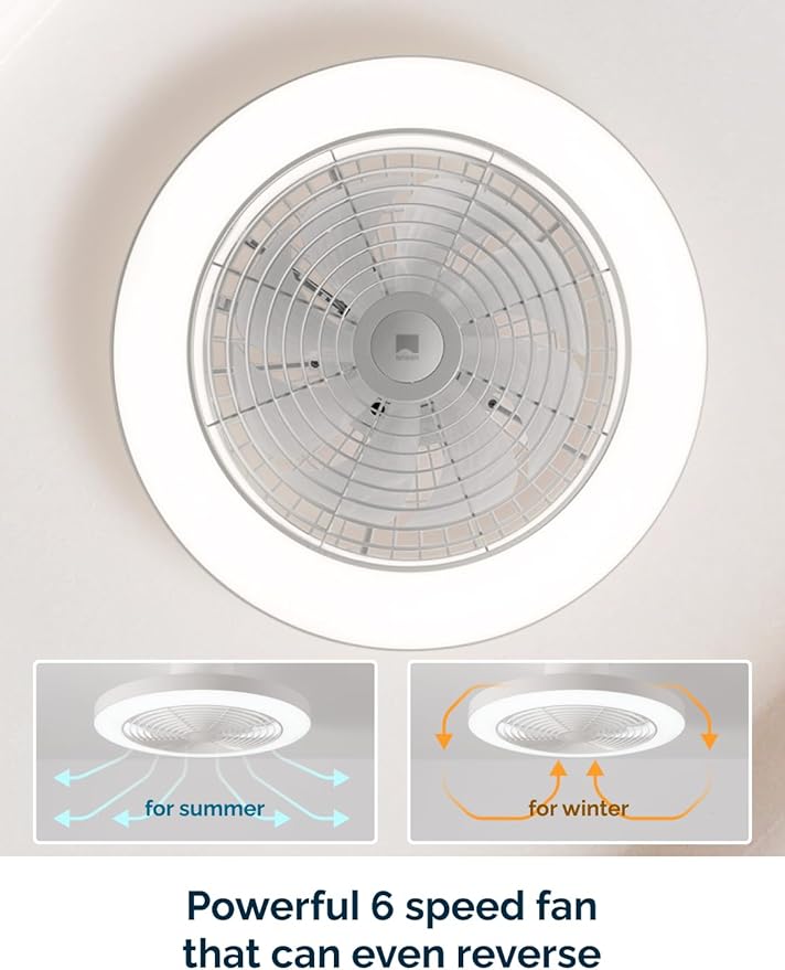 Orison Smart Bladeless Low Profile Ceiling Fan with LED-RGB Ambient Lighting Compatible with Alexa/Google Assistant/App Control, 6-Speed Color Change, Quiet Operation with Remote &App,19.7" (White)