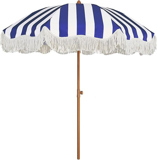 AMMSUN Boho Fringe Umbrella Outdoor Patio, 6.5ft UPF50+ Picnic Umbrella with Tassels with Steel Pole and Push Button Tilt, Navy Stripe