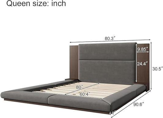 Merax Queen Size Floor Upholstered Platform Bed Frame with Extended Wood Headboard and Bedside Shelf,Easy Assembly,No Box Spring Needed,Gray