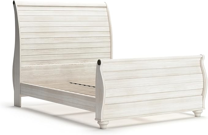 Signature Design by Ashley Willowton Vintage Queen Sleigh Bed with Metal Slats, Foundation or Box Spring Needed, Whitewash