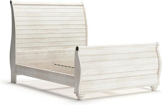 Signature Design by Ashley Willowton Vintage Queen Sleigh Bed with Metal Slats, Foundation or Box Spring Needed, Whitewash