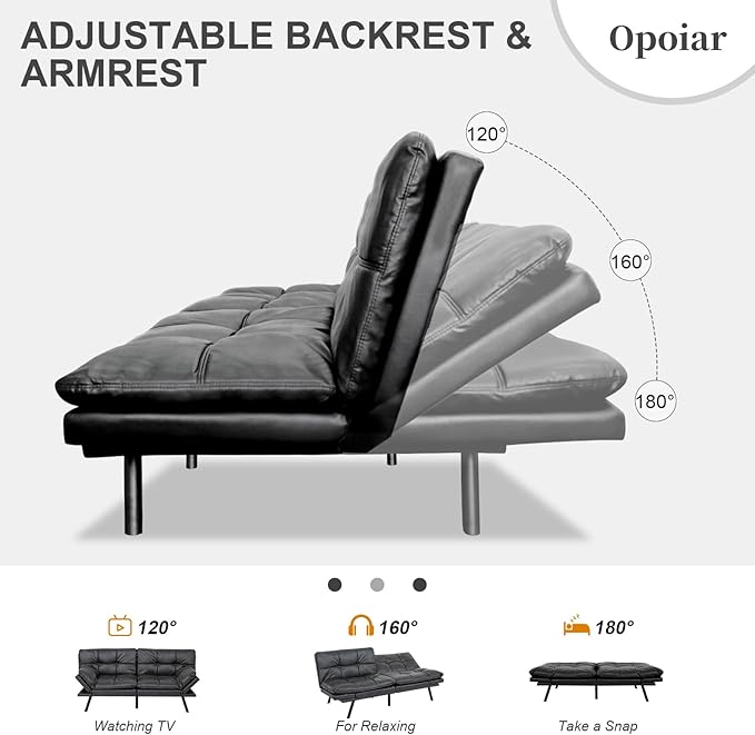 Opoiar Faux Leather Black Futon Sofa Bed Convertible Memory Foam Couch Bed Futon Sets Folding Modern Sleeper Sofa Loveseat for Studio,Drom,Apartment,Game Room and Small Space