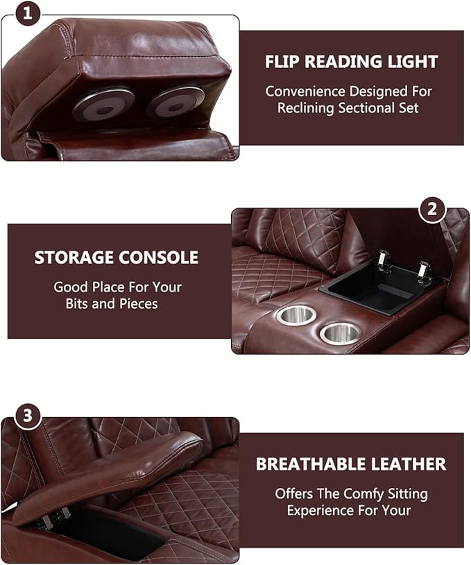 Power Recliner Sectional Couch with LED, Leather Reclining Sofa for Living Room, Muti-Functional Recliner Corner Sofa with Storage Console/Cup Holders/USB Ports (Dark Red, SECTIONAL+Chair)