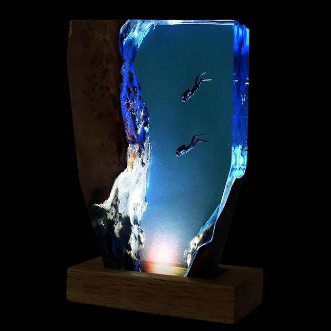 Shark Diver LED Ocean Night Light, Epoxy Resin Ocean Lamp, Deep Sea Diver Night Light, Office, Desk, Bathroom or Bedroom Decorative Night Light, Suitable for Holidays (2 Divers)