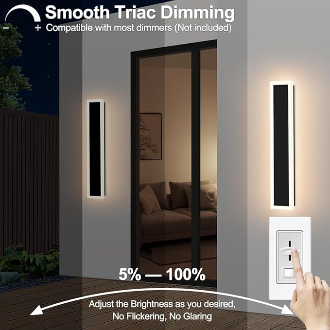 24inch Modern Outdoor Wall Light Porch Light LED Long Wall Light Fixture IP65 Waterproof Wall Lamps, Dimmable 24W 2200LM Black Wall Sconce, 3000/4000/5000K Selectable, ETL