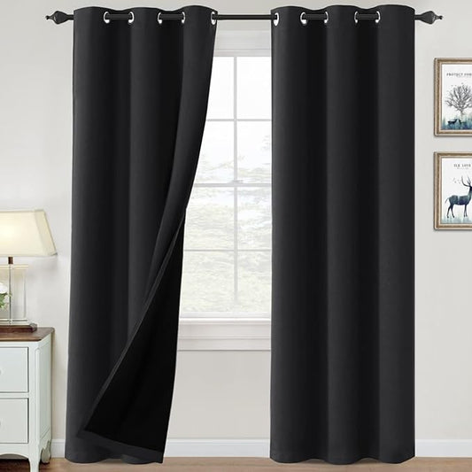 H.VERSAILTEX 100% Blackout Curtains for Bedroom Thermal Insulated Blackout Curtains 84 inch Length Heat and Full Light Blocking Window Drapes for Living Room with Black Liner 2 Panels Set, Jet Black