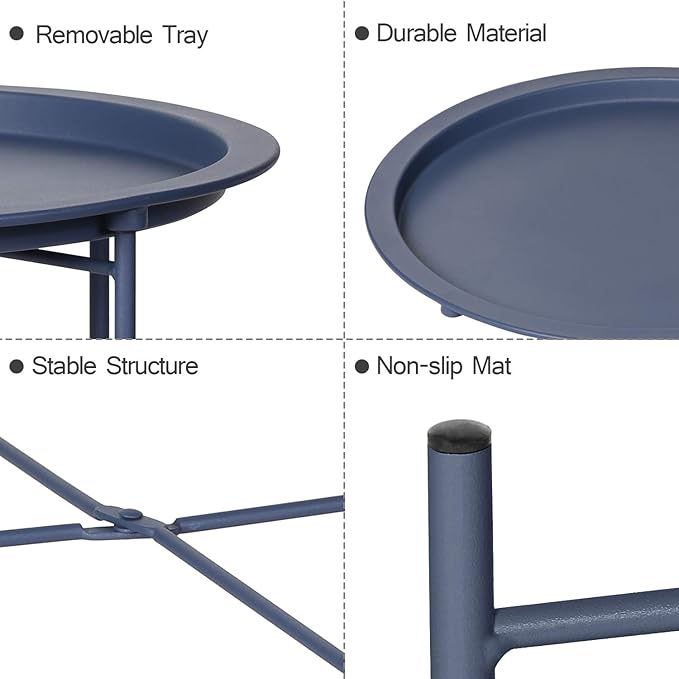 VECELO Modern End Side Tables,Round Metal Foldable Tray,Stable Snack Nightstand for Outdoors,Small Space,Living Room and Balcony, Blue, 18.5 in x 18.5 in x 19.7 in