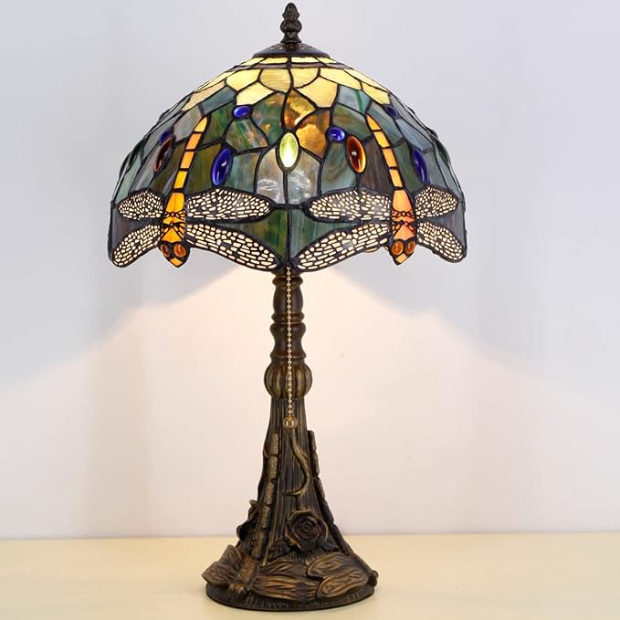 Tiffany Table Lamp Stained Glass Lamp 12X12X19 Inch Antique Reading Light (Amber Yellow Dragonfly)