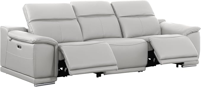 BlackJack Furniture Venice Top Grain Italian Leather Dual Power Recliner Sofa - 107" Theater Seating Modern Couch for Living Room Apartment Home with Adjustable Headrests & USB Port, Light Grey