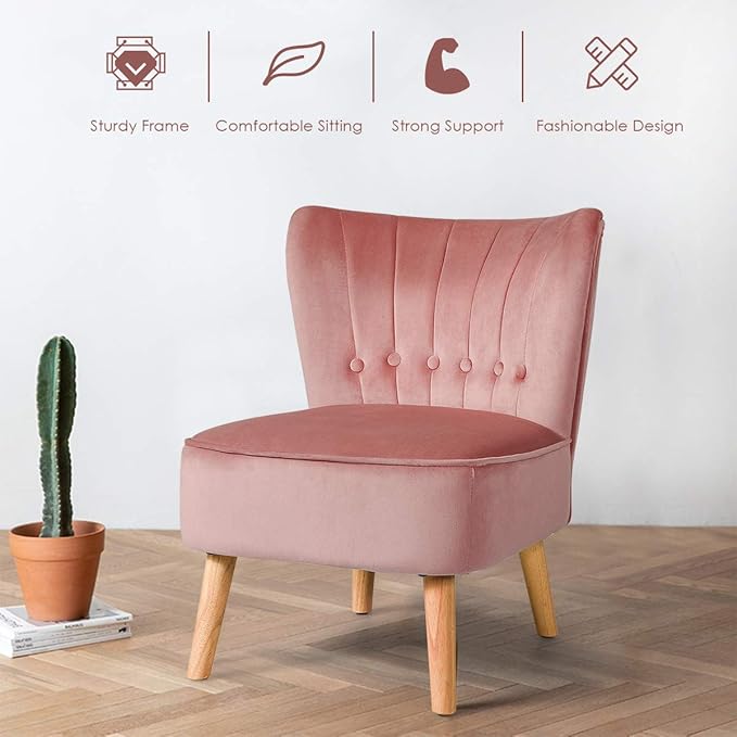 Giantex Modern Velvet Accent Chair, Small Upholstered Leisure Sofa Chair w/Wood Legs, Thickly Padded and Button Tufted, Armless Wingback Club Chairs for Living Room Bedroom Furniture (1, Pink)
