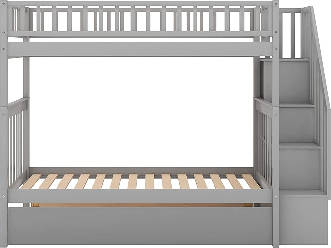 Twin Over Twin Bunk Beds with Staircase and Trundle Bed, No Box Spring Needed for Teens, Boys or Girls
