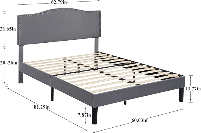 VECELO Queen Bed Frame, Platform Bed Frame with Adjustable Height Upholstered Headboard, Heavy-Duty Frames and Strong Wooden Slats Support, Non-Slip and Noise-Free, Easy Assembly, Dark Grey