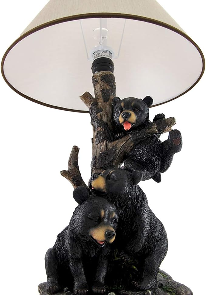 Zeckos Rustic Black Bear Family Table Lamp - Lodge-Inspired Home Lighting - 20" Tall Resin Construction - Charming Bear Face Print Shade - Ideal for Cabins and Dens