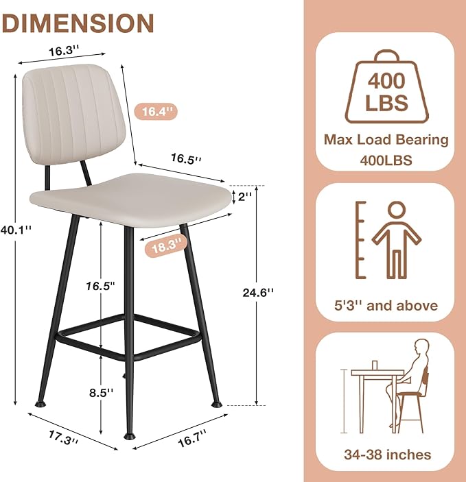 24-Inch Leather Bar Stools Set of 3, Counter Height Barstools with High Backrest，Bar Chairs for Kitchen Island with Heavy Duty Metal Base, Beige