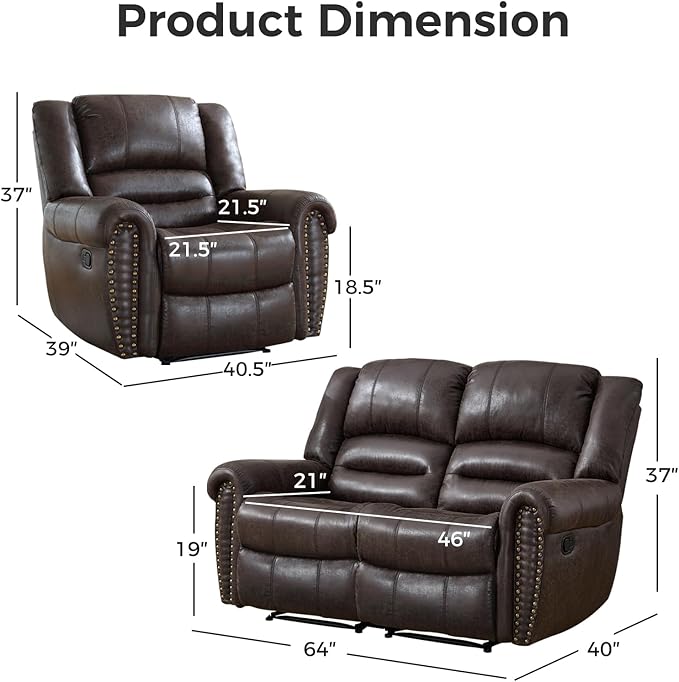 EBELLO Manual Recliner Sofa Set, Faux Leather Reclining Living Room Set, Included Single Recliner Chair and Loveseat Manual Sofa, Vintage Rivet Mid-Century Design for Living Room, Dark Brown