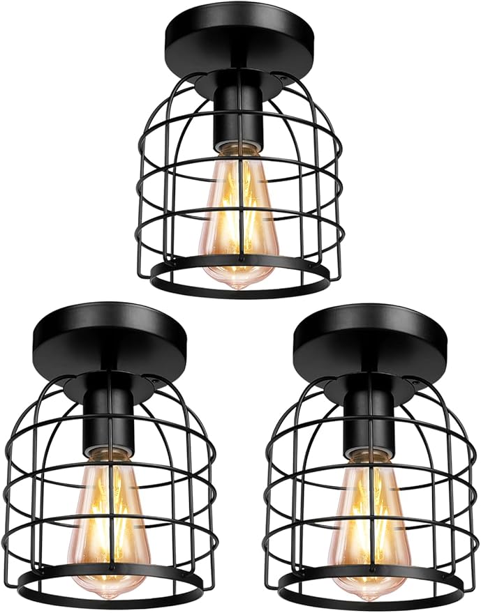 Industrial Semi Flush Mount Ceiling Light Fixture Black Farmhouse Lighting for Hallway, Kitchen, Dining Room, Bedroom, Modern Indoor Hanging Light (3 Pack)