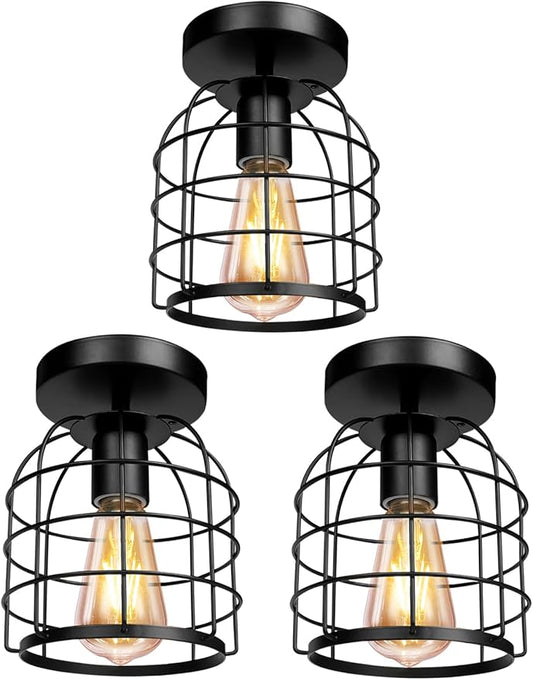 Industrial Semi Flush Mount Ceiling Light Fixture Black Farmhouse Lighting for Hallway, Kitchen, Dining Room, Bedroom, Modern Indoor Hanging Light (3 Pack)