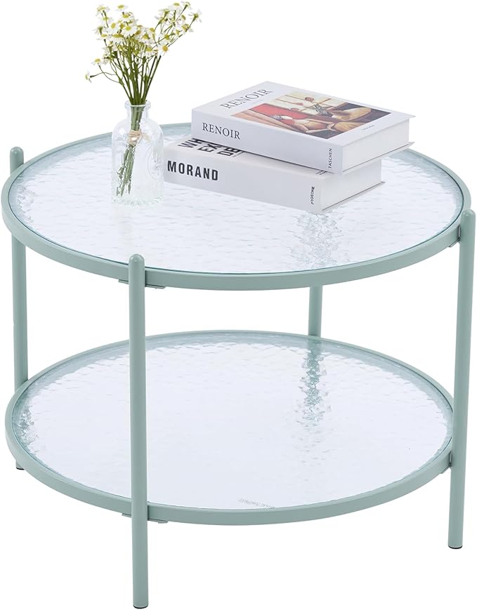VINGLI 25.6" Small Light Bright Green Round Coffee Table Water-Wave Glass Circle Clear Center Coffee Table with 2-Tier Modern Storage Design for Living Room, Bedroom, Meeting Room, Balcony, Patio