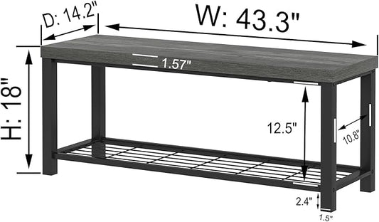 EXCEFUR Entryway Bench, Industrial Metal and Wood Storage Bench for Living Room, Indoor Shoe Rack Bench Seat, 43.3 Inch Grey