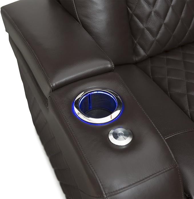Seatcraft Anthem Home Theater Seating - Italian Leather - Power Recline Sofa - Fold-Down Table - Powered Headrests - Arm Storage - USB Charging - Cup Holders, Brown