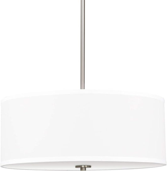 Kira Home Nolan 18" Classic 3-Light Drum Pendant Chandelier, White Fabric Shade + Round Glass Diffuser, Adjustable Height, Brushed Nickel Finish