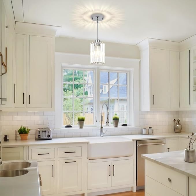 Chrome Pendant Lights, Modern Crystal Pendant Lighting for Kitchen Island, Mini Kitchen Chandeliers Hanging Pendant Lights for Bedroom Dining Room Hallway