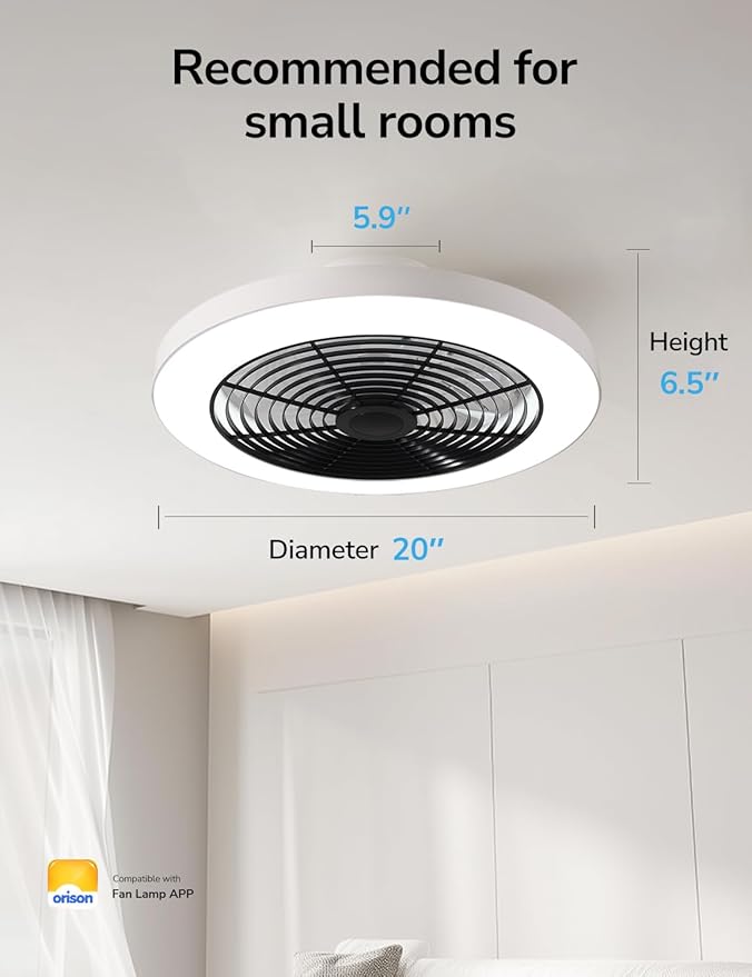 Orison Ceiling Fans with Lights, Low Profile Ceiling Fan with Lights and Remote, 6 Wind Speeds Smart Flush Mount Ceiling Fan for Bedroom, Kids Room and Living Room 19.7" (Black)