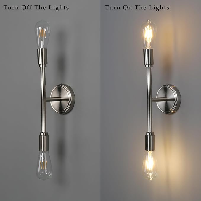 Phansthy Modern Double Sconce Wall Lighting, Bathroom Vanity Light Fixture Horizontal and Vertical, 2-Light Indoor Wall Lamps for Mirror Hallway Kitchen Living Room (Brushed)