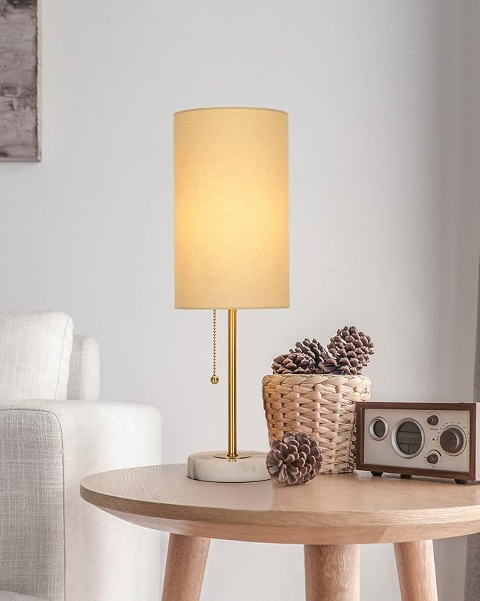 Bedside Table Lamp with Marble Base: Pull Chain Switch 3-Way Dimmable | Linen Fabric Shade & Golden Pole Small Nightstand Lamps 18.5 Inches for Bedrooms, Office, Dinning Room, Set of 2