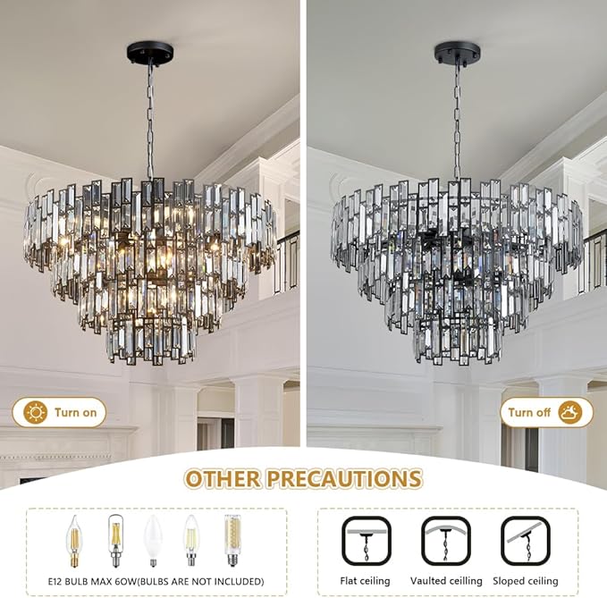 Crystal Contemporary Chandelier Foyer Entryway Lighting, 4-Tier Large Foyer Entrance Chandeliers for High Ceiling Big Crystal Chandelier (Dia 30 inch 15 Lights) Black