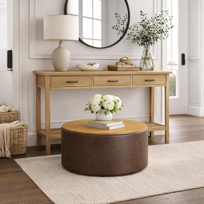 HomePop Modern Fabric Storage Ottoman with Wood Top - Faux Brown Leather