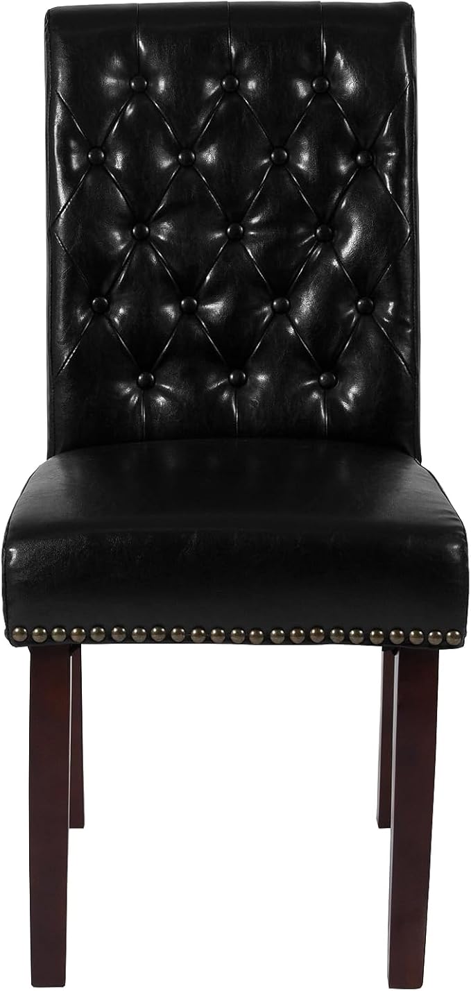 Flash Furniture HERCULES Series Black LeatherSoft Parsons Chair with Rolled Back, Accent Nail Trim and Walnut Finish