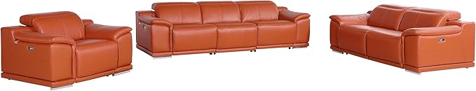 BlackJack Furniture Venice Top Grain Italian Leather 6 Power Recliner Seaters 3 Piece Sofa Set with Adjustable Headrests Modern Luxury Seating Sofa, Loveseat and Chair for Living Room Lounge, Camel