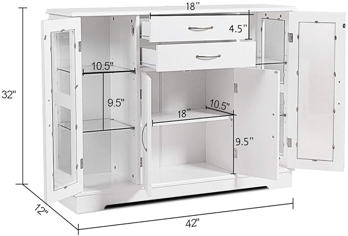 DORTALA Buffet Sideboard, Kitchen Server Cabinet w/ 2 Drawers, Glass Display Cabinet w/Adjustable Glass Shelves, Multifunctional Sideboard Console Table for Kitchen, Living Room, Dining Room, White