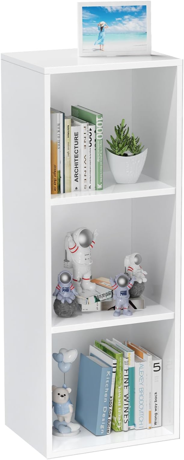 3 Tier Bookshelf, Narrow Bookcase for Small Spaces, Wooden Book Case Bookshelves Storage Organizer for Bedroom Living Room Home Office (White, 3 Cube)