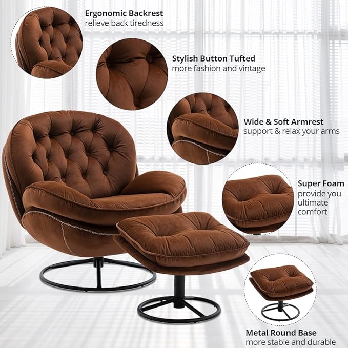 Velvet Swivel Accent Chair with Ottoman Set, Modern Lounge Chair with Metal Base Frame & Footrest, Comfortable Single Leisure Sofa Chair Reading Chair with 360 Degree Swiveling for Living Room, Brown