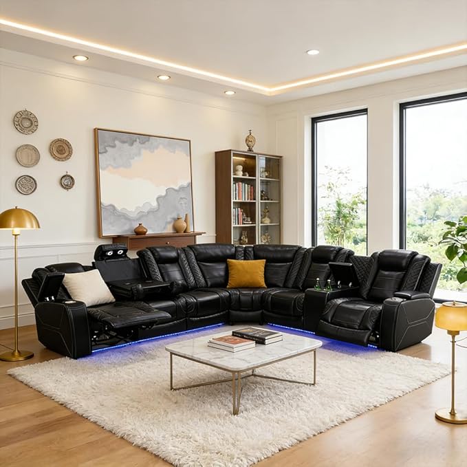 Power Reclining Sofa Set with LED Light, Living Room Furiture Set,Leather Reclining Sectional Couch with USB Port/Cup Holder for Living Room Home Office