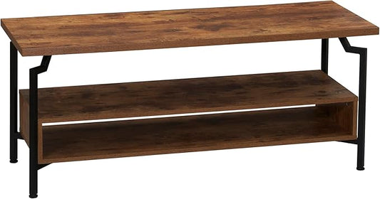 Household Essentials Crown TV Stand with Rectangular Storage Compartment Rustic Hickory Wood Grain and Black Metal