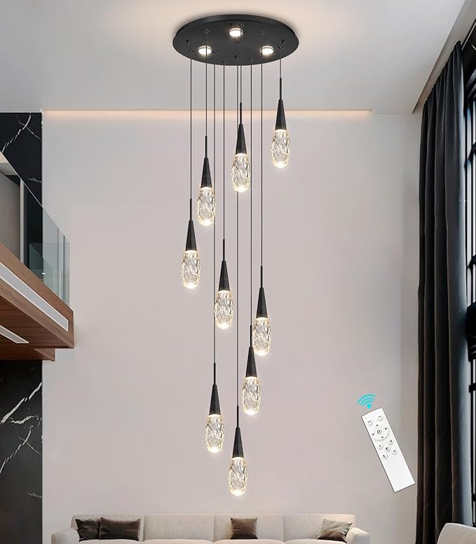 118 Inches Long Chandelier Adjustable Hanging Lights Modern Glam Crystal Ceiling Pendant Dimmable Lighting Fixture for Hallway Foyer Living Room Black