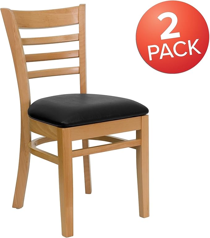 Flash Furniture 2 Pack HERCULES Series Ladder Back Natural Wood Restaurant Chair - Black Vinyl Seat