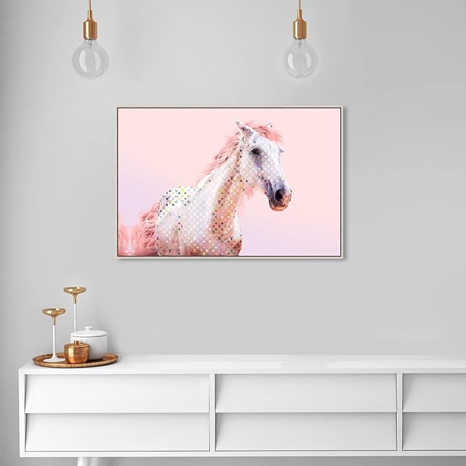 Country Farmhouse Canvas Print Painting Animal Wall Art 'Pink Glam Horse' Champagne Framed Canvas Rustic Home Décor 36x24 in Pink, White by Oliver Gal