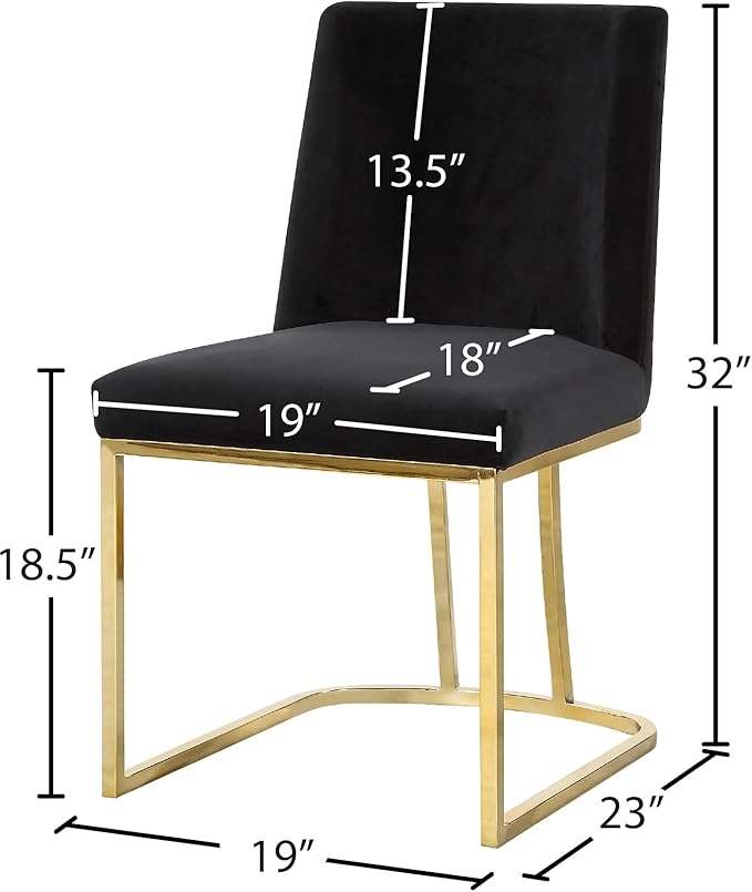 Meridian Furniture Heidi Collection Modern | Contemporary Velvet Upholstered Dining Chair with Polished Gold Metal Frame, Set of 2, 19" W x 23" D x 32" H, Black