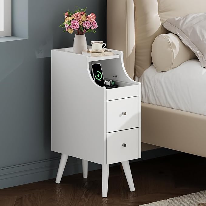 WLIVE Small Nightstand with Drawers, Narrow Bedside Tables with Open Shelf & Cable Hole, Narrow Nightstand for Bedroom, Modern Storage Cabinet for Small Spaces/Living Room, White