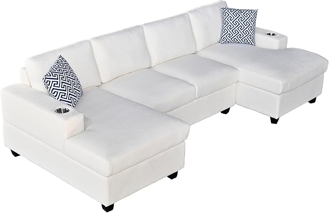 Ball & Cast 124" U-Shaped Sectional Sofa Couch for Living Room with Double Chaise,Cup Holders & Pillows,4 Seat Sherpa Upholstered Modern Modular Sectional Sofa Couches Set,for Home,Office,Beige