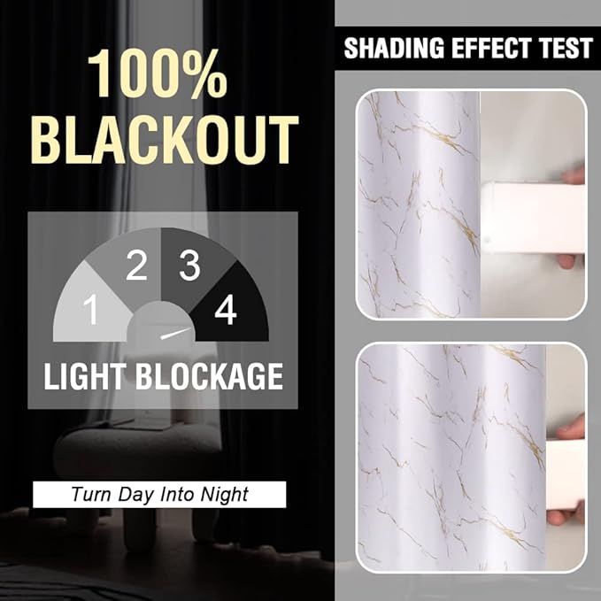 H.VERSAILTEX 100% Blackout Curtains 96 inch Length 2 Panels Set Marble Designs Printed Drapes Thermal Curtains for Bedroom with Black Liner Sound Proof Curtains, Gold