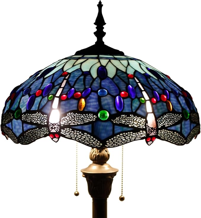 WERFACTORY Tiffany Floor Lamp Dragonfly Blue Stained Glass Standing Reading Light 16X16X64 Inches Antique Pole Corner Lamp Decor Bedroom Living Room Home Office S004 Series (B)
